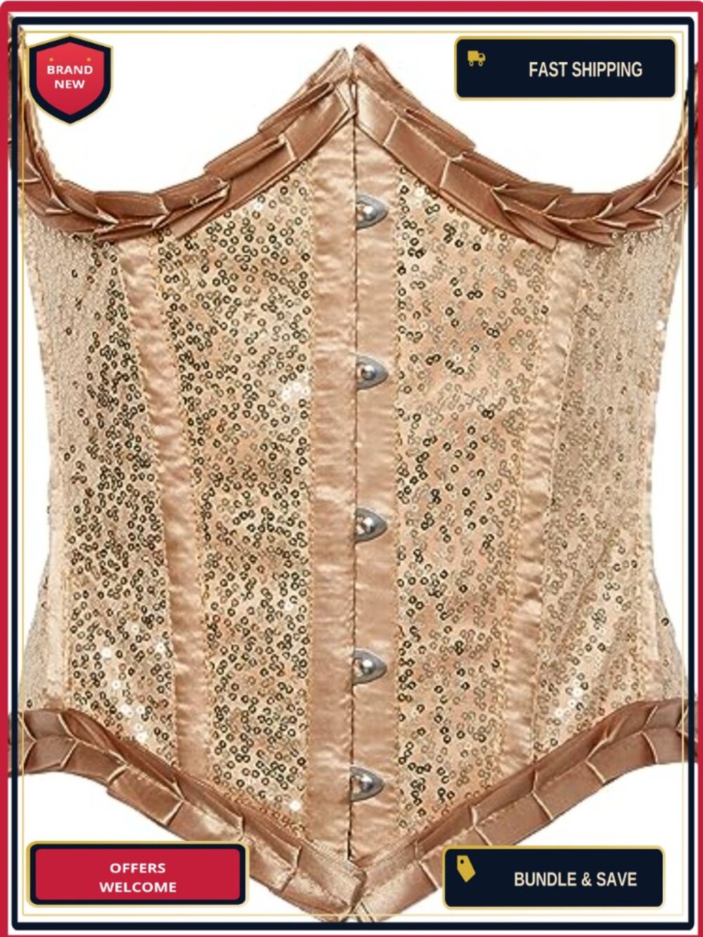 Satin Sequin Steel Boned Waist Cincher Corset Lace-Up Back